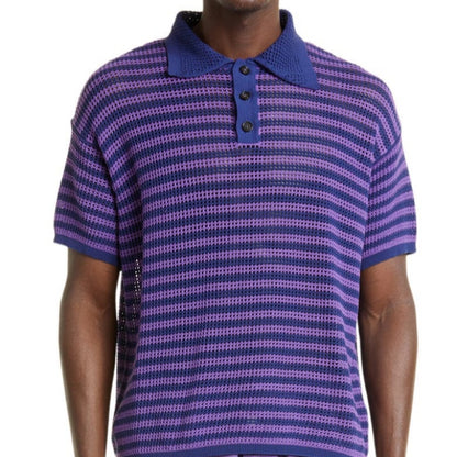 Male model showcasing OEM/ODM 100% Cotton Men’s Polo Collar Knitted Sweater in purple and navy stripes.