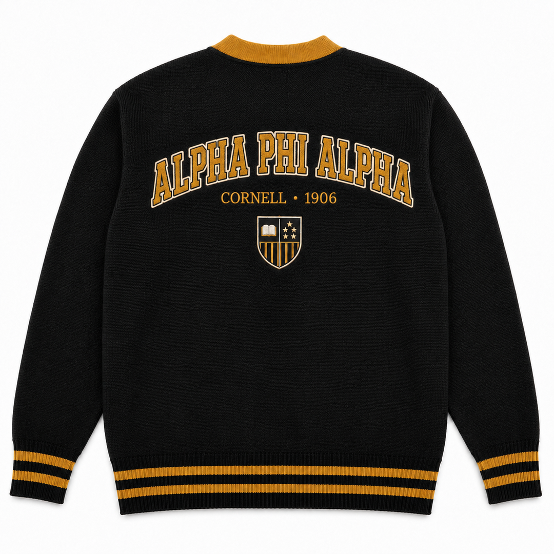 Alpha Phi Alpha fraternity cardigan back view with embroidered crest