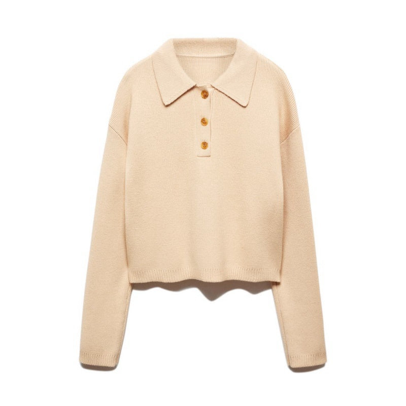 Custom beige wool-cotton knit polo sweater with three wooden buttons on a plain background.