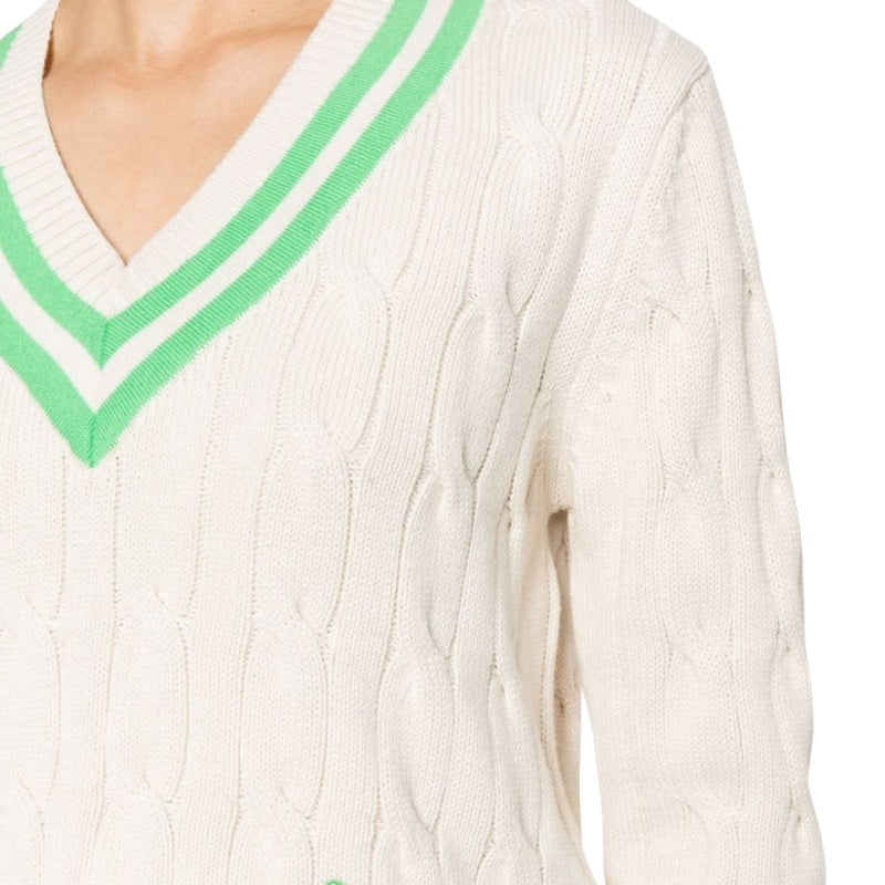 Custom 100% Cotton V-Neck Sweater with Green Stripes - Women's Knitted OEM/ODM