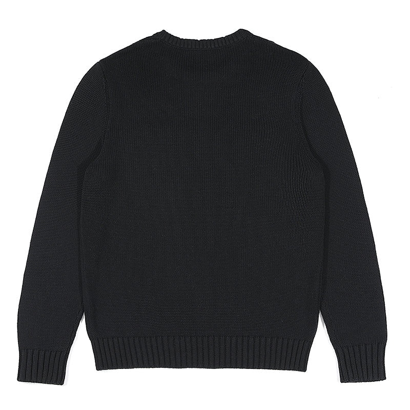 Back view of custom black crew neck knitted sweater with plain design