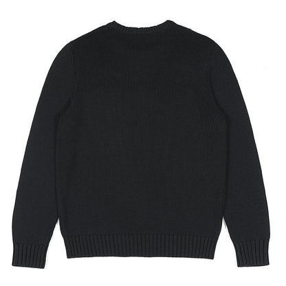 Back view of custom black crew neck knitted sweater with plain design