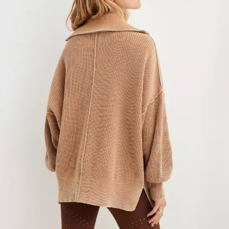 Custom Turn-down Collar Wool Blend Women’s Knitted Sweater in Camel Brown - Back View