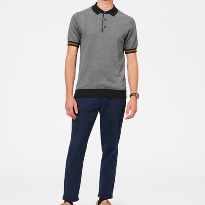 Full outfit view of Custom Polo Collar Knit Short Sleeve for men, paired with navy trousers