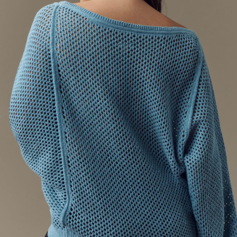 Custom Linen Crew Neck Hollow Out Women’s Knitted Sweater - Back View in Blue