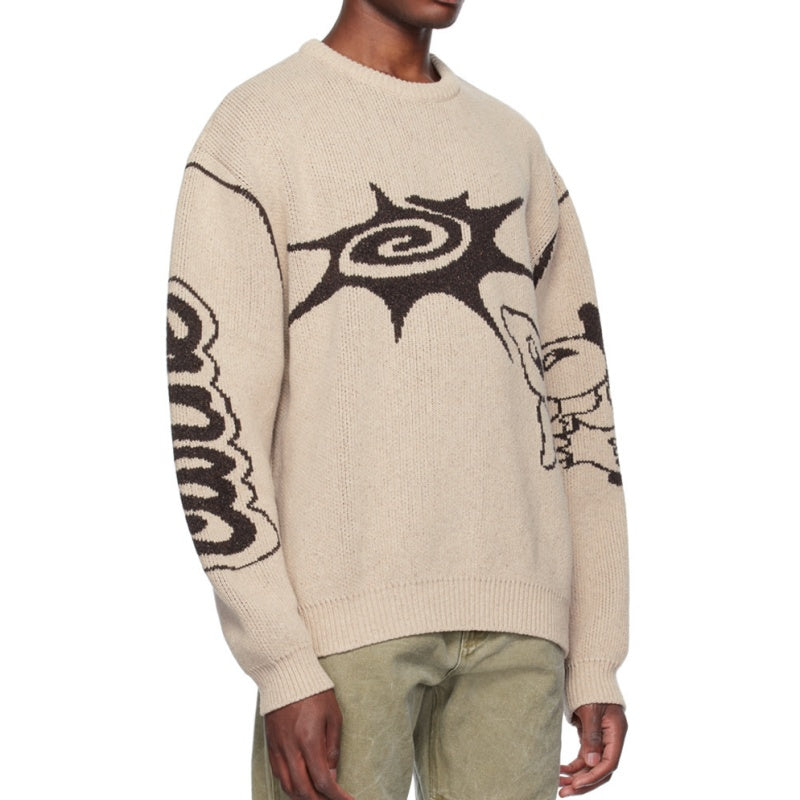 Back view of Men's Wool Blend Crew Neck Sweater showcasing detailed tribal patterns.