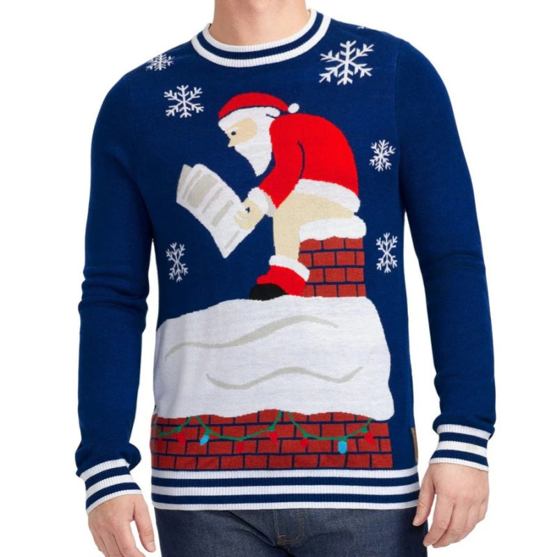 Front view of a custom 100% cotton Christmas sweater featuring Santa reading a list on a chimney with snowflakes in the background.