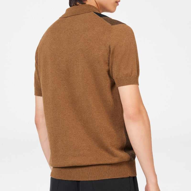 Back view of custom men's striped short sleeve knit polo in 100% wool