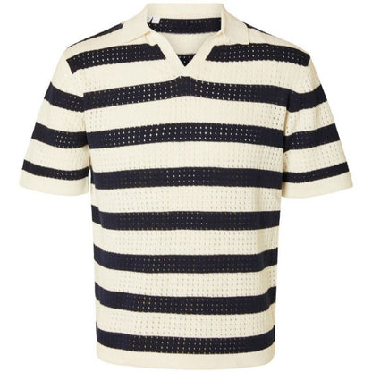 OEM/ODM Knitted Polo Collar Men’s Sweater in navy and white stripes, front view.