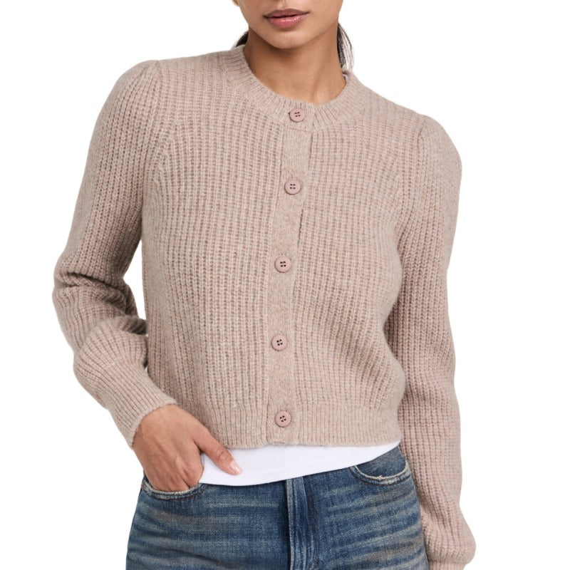 Woman wearing a custom cashmere crew neck cardigan with a button-down front, manufactured by an OEM/ODM knitted sweater specialist for wholesale.
