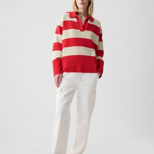 Custom Wool Blend Polo Neck Striped Long Sleeve Women’s Knitted Sweater - Modeled Front View
