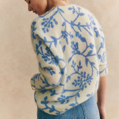 Custom Mohair Crew Neck Long Sleeve Pullover Women’s Knitted Sweater - Back View with Floral Pattern