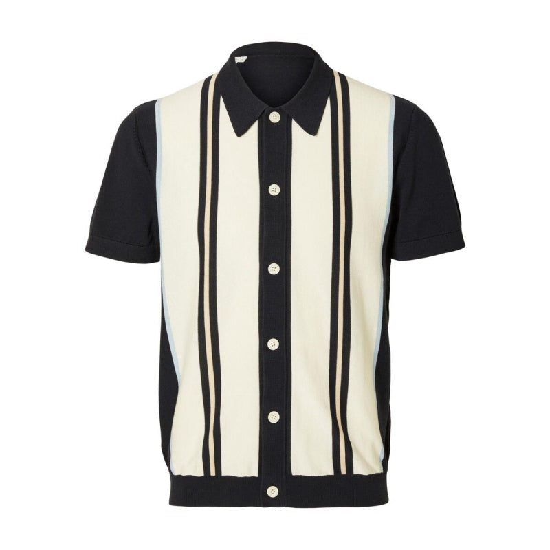 Front view of Custom Striped Woolen Knit Polo with short sleeves in black and cream - Men's OEM/ODM Knitwear