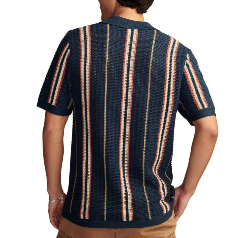 Back view of custom short sleeve polo collar striped men's knitwear
