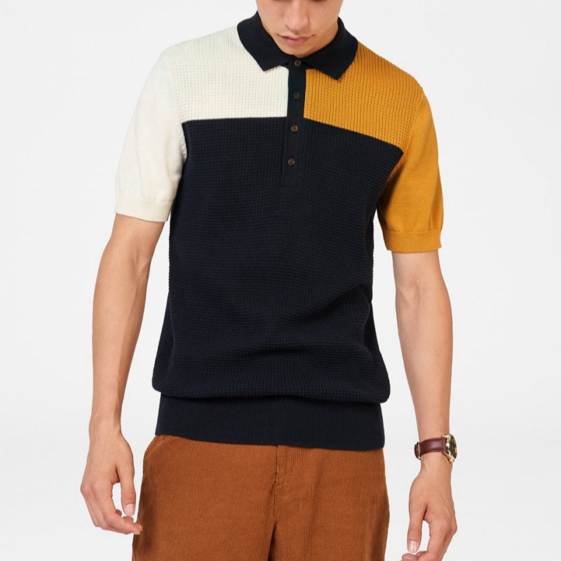 Model wearing OEM 100% Cotton Polo Collar Men's Knitted Sweater in multicolor design.