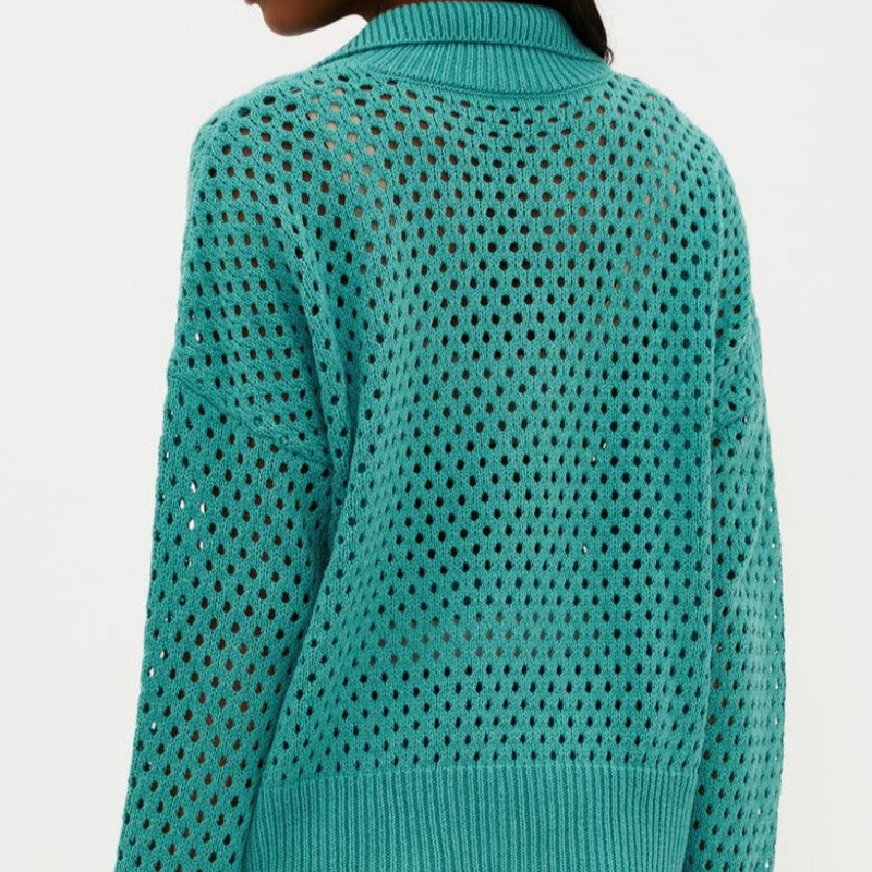 Custom Wool Blend V-neck Hollow Out Women’s Knitted Sweater in Turquoise - Back View
