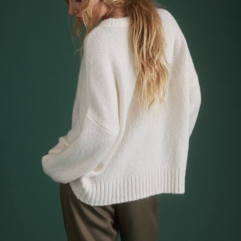 Custom Crew Neck Wool Blend Women’s Knitted Sweater in Ivory White - Back View