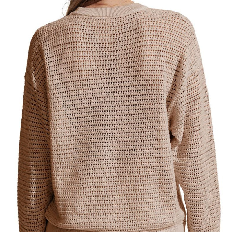 Custom Linen O-neck Hollow Out Women’s Knitted Sweater in Beige - Rear View