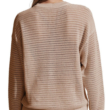 Custom Linen O-neck Hollow Out Women’s Knitted Sweater in Beige - Rear View