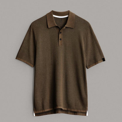 Custom Short Sleeve Polo Collar Men's Knitwear in olive green, displayed on a flat surface.