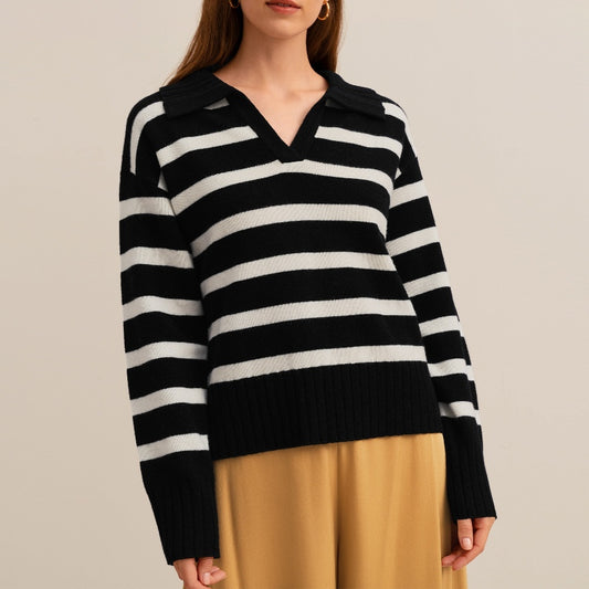 Custom Turn-down Collar Wool Blend Women's Knitted Sweater in Black and White Stripes.