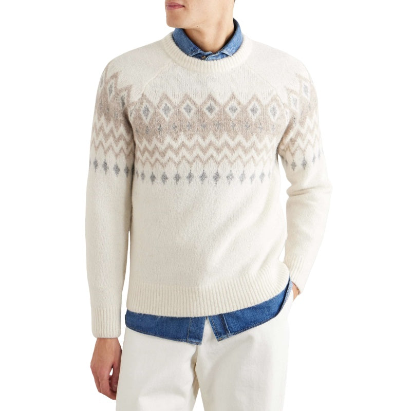 Man wearing custom 100% cotton jacquard knitted sweater, crew neck, long sleeves, in off-white with grey pattern