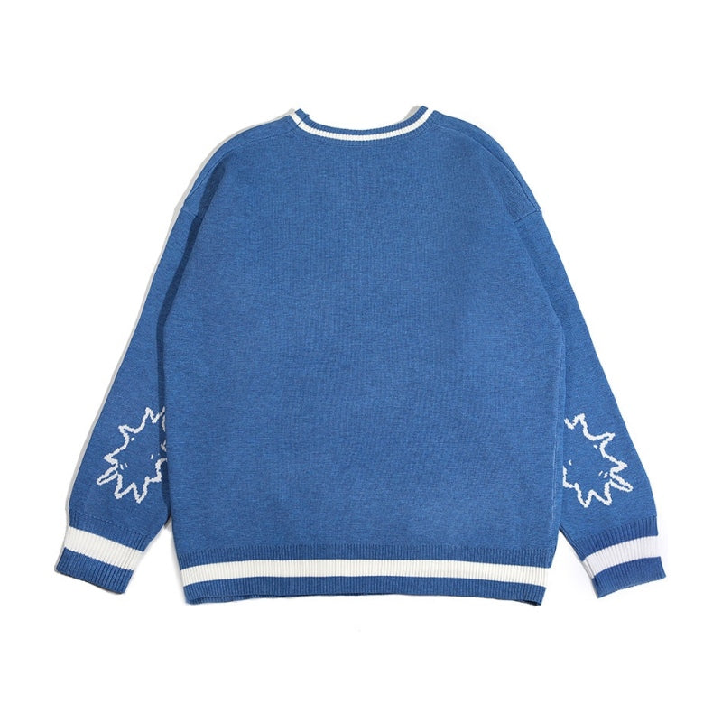 Rear view of Blue Men's Custom Jacquard Knitted Sweater with crew neck showing intricate back detail