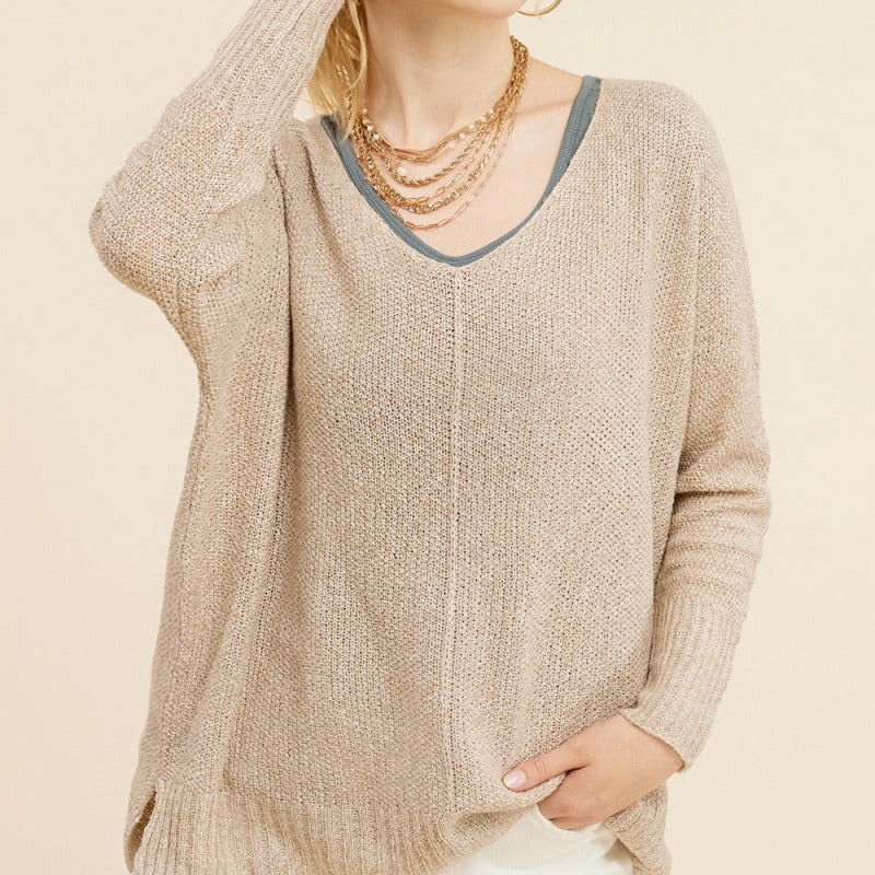 Front view of Custom V-neck Wool Blend High Quality Women’s Knitted Sweater in beige