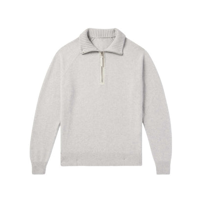 Men's Wool-Cashmere Blend Knit Polo Sweater in Light Grey, Long Sleeve, Zip Collar