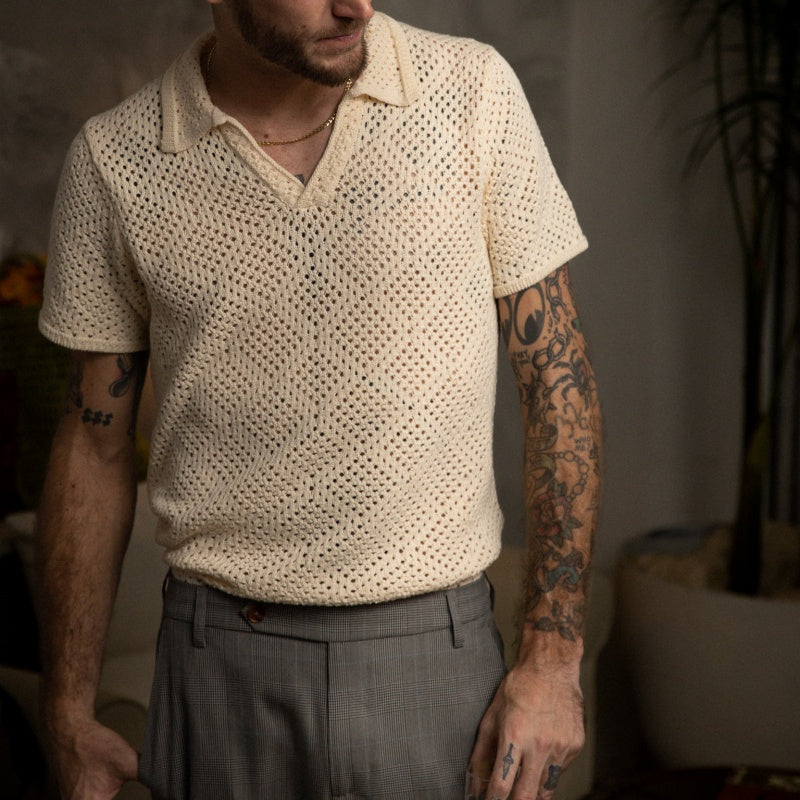 Man wearing custom 100% cotton crochet knit polo shirt in cream