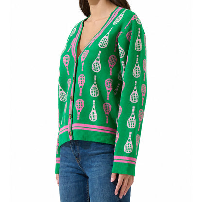 Custom Green Motif V-Neck Cardigan - PG10274