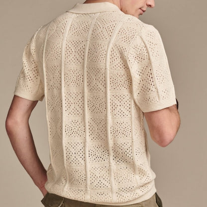 Back view of Men's Casual Custom Short Sleeve Plaid Knit Polo in cream color