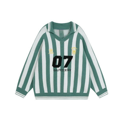 Wholesale Custom Unisex Knit Sweater Polo V-Neck Stripe Oversize Street Sweater Wool Blend