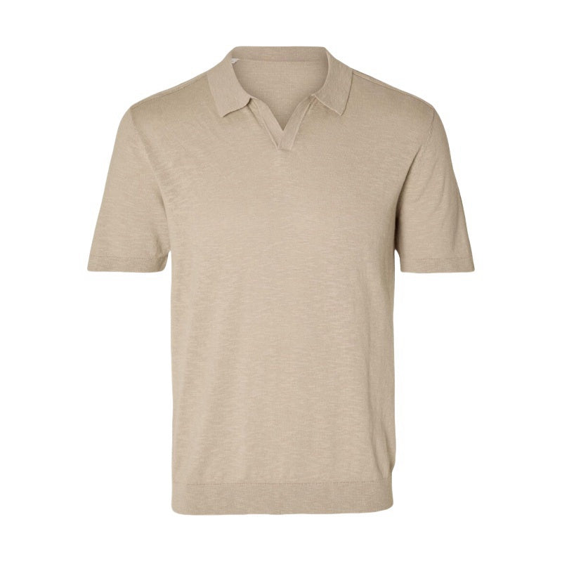 Men's custom plain beige short sleeve knit polo shirt displayed flat