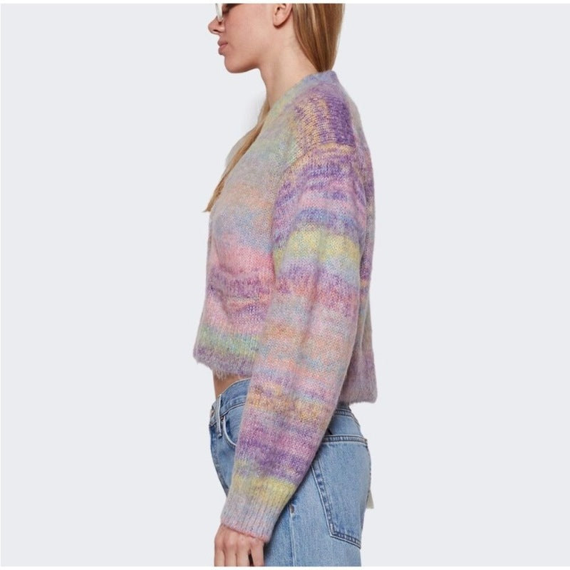Custom Mohair Gradient Color Cardigan Short Bottom Women’s Knitted Sweater - Side View