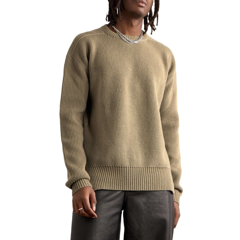 Model Wearing Men's 100% Wool Custom Knit Crew Neck Sweater