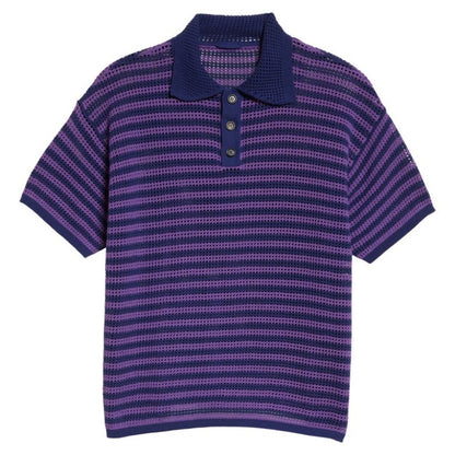 OEM/ODM 100% Cotton Men’s Polo Collar Knitted Sweater with purple and navy stripes, front view.