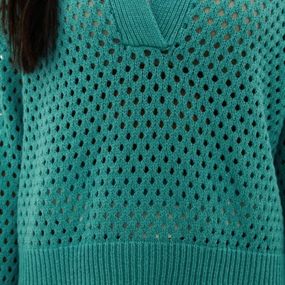 Custom Wool Blend V-neck Hollow Out Women’s Knitted Sweater - Turquoise