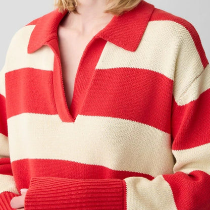 Custom Wool Blend Polo Neck Striped Long Sleeve Women’s Knitted Sweater
