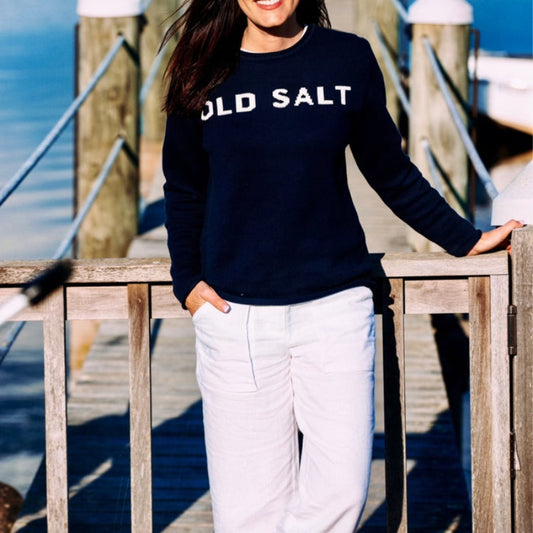 Custom Wool Blend Pullover Women’s Knitted Sweater - Front View with "OLD SALT" Text
