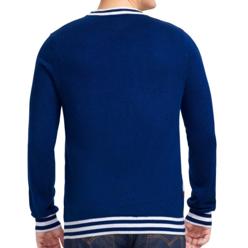 Back view of a blue custom Christmas sweater, showing a plain design with striped cuffs and hem.