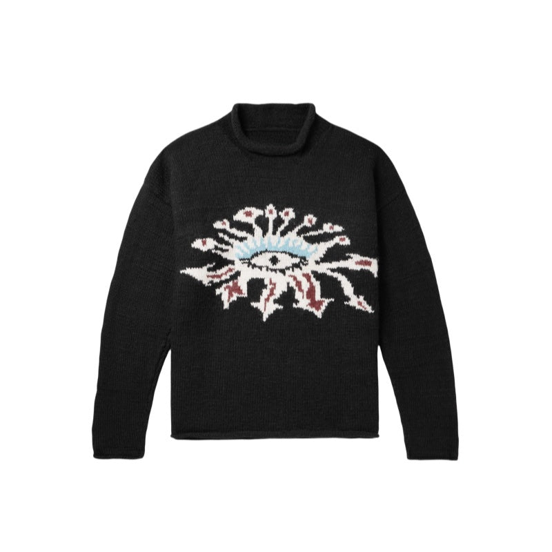 Men's black merino wool crew neck sweater with unique white and red pattern design.