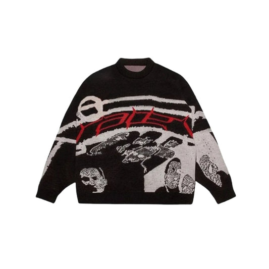 Wholesale Custom Men Knit Sweater Thick Jacquard Graffiti Round Neck Pullover Cotton Blend