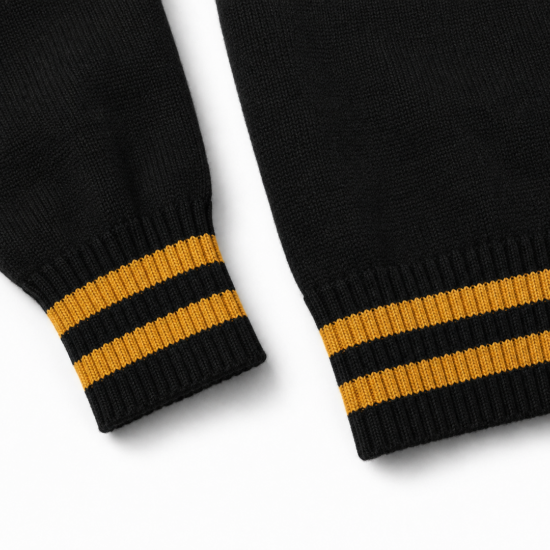 Old gold striped ribbed cuff and hem detail 