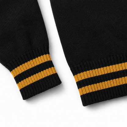 Old gold striped ribbed cuff and hem detail 