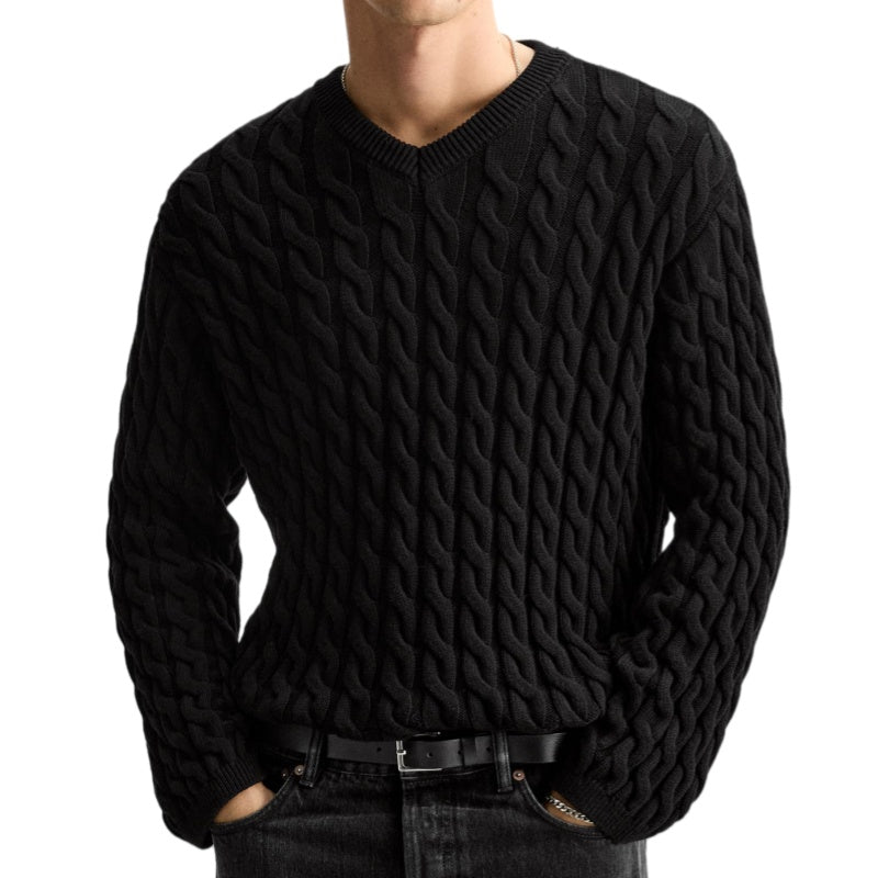 Wholesale Custom Soft 100% Cotton Man Knit Sweater Cable V-neck Oversize Classic High-Quality Knitwear Fashion Chunky Winter