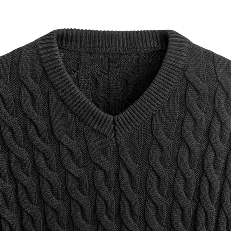 Wholesale Custom Soft 100% Cotton Man Knit Sweater Cable V-neck Oversize Classic High-Quality Knitwear Fashion Chunky Winter