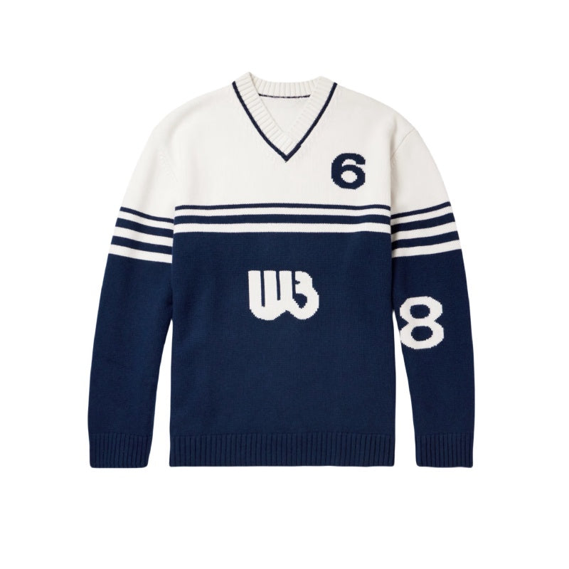 Wholesale Custom Man Knit Sweater V-Neck Rugby Oversize Jacquard Logo Streetwear Cotton Blend