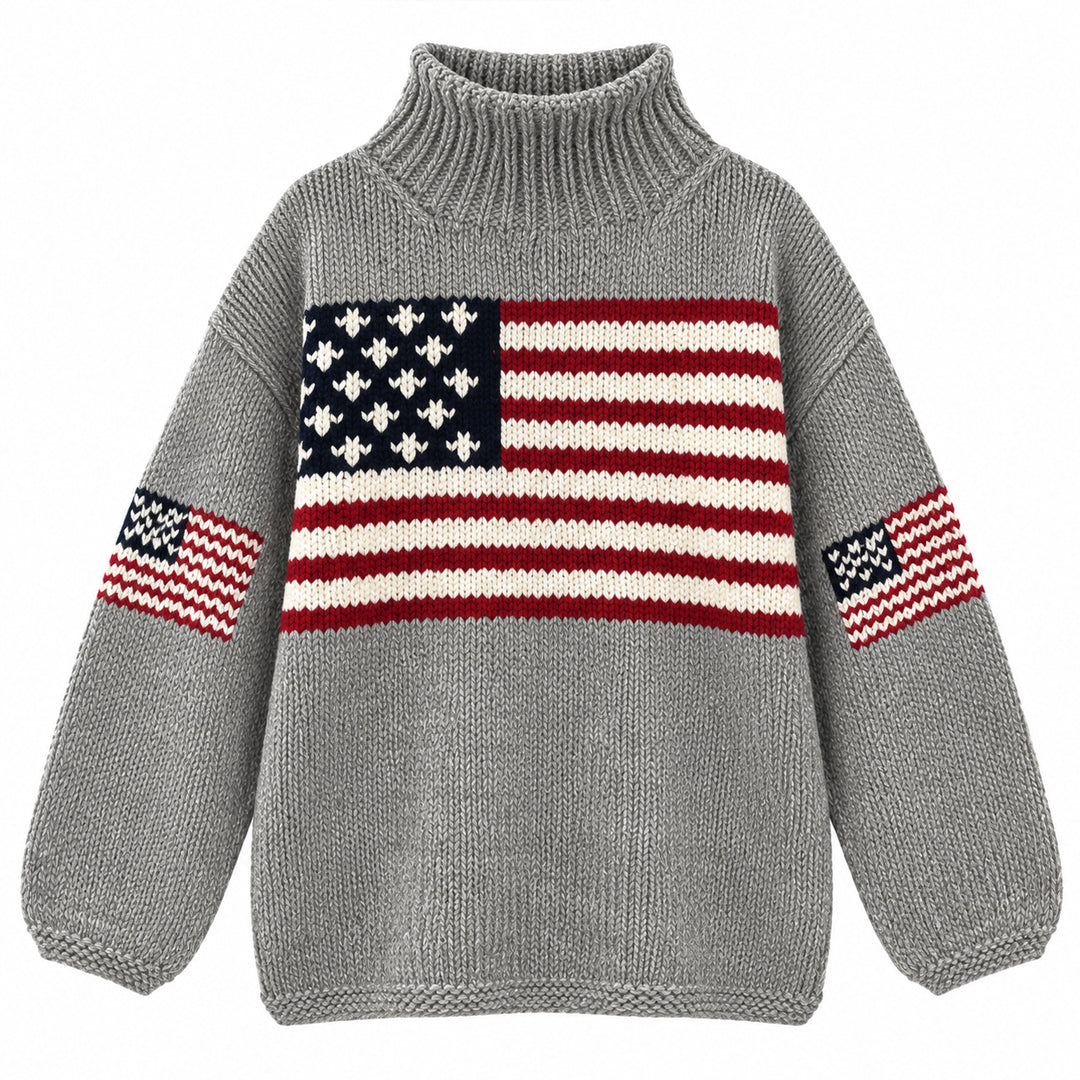 Back view of grey crew neck knit sweater with American flag sleeve details
