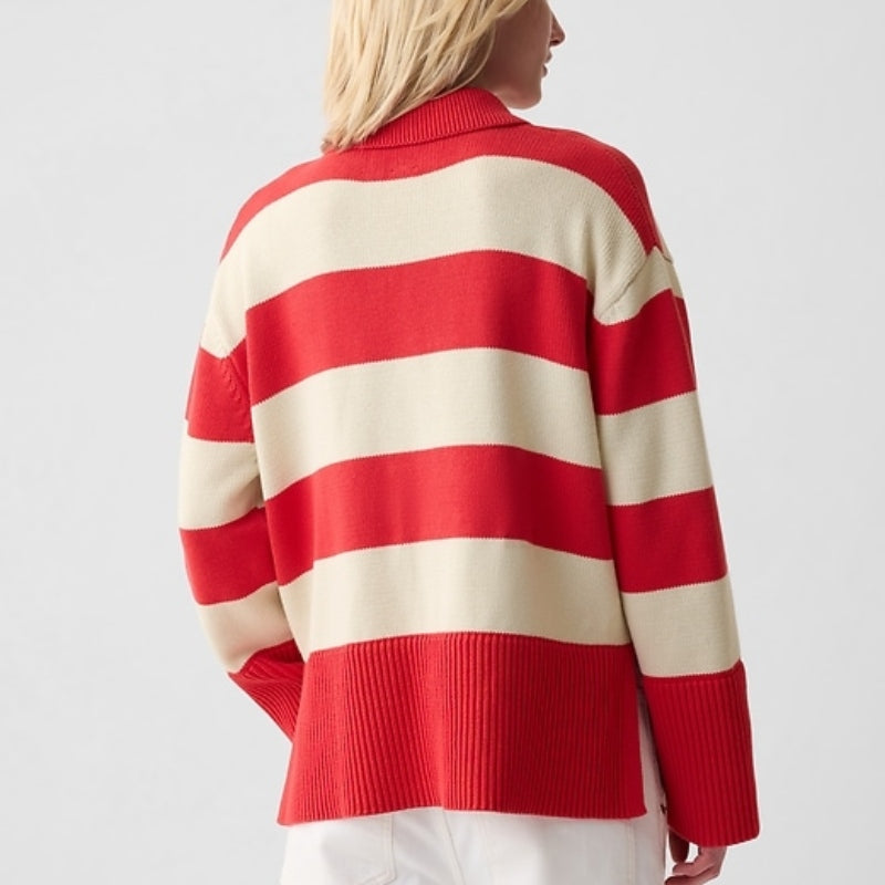 Custom Wool Blend Polo Neck Striped Long Sleeve Women’s Knitted Sweater - Back View